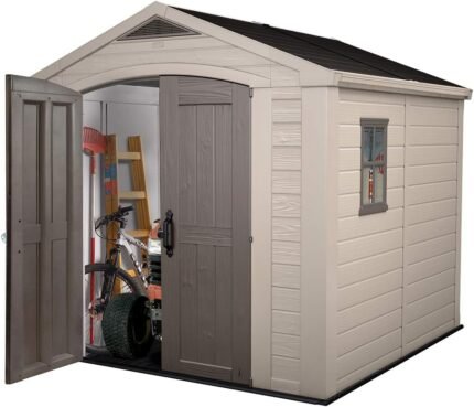 Keter Factor 8x8 Foot Large Resin Outdoor Shed with Floor for Patio Furniture